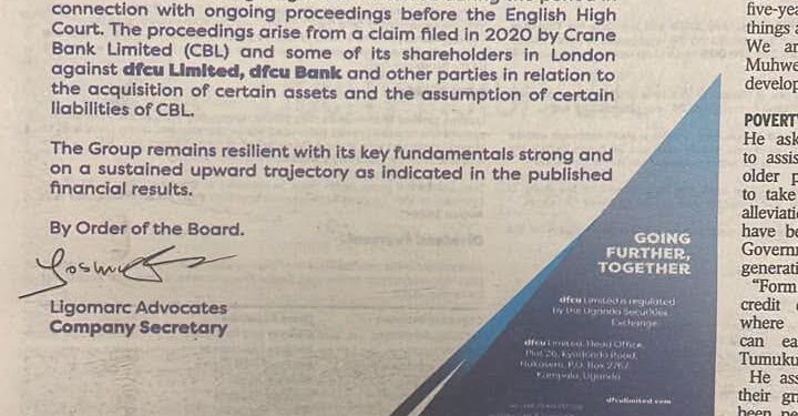 Crane Bank Dispute Weighs on dfcu as Bank Issues Profit Warning